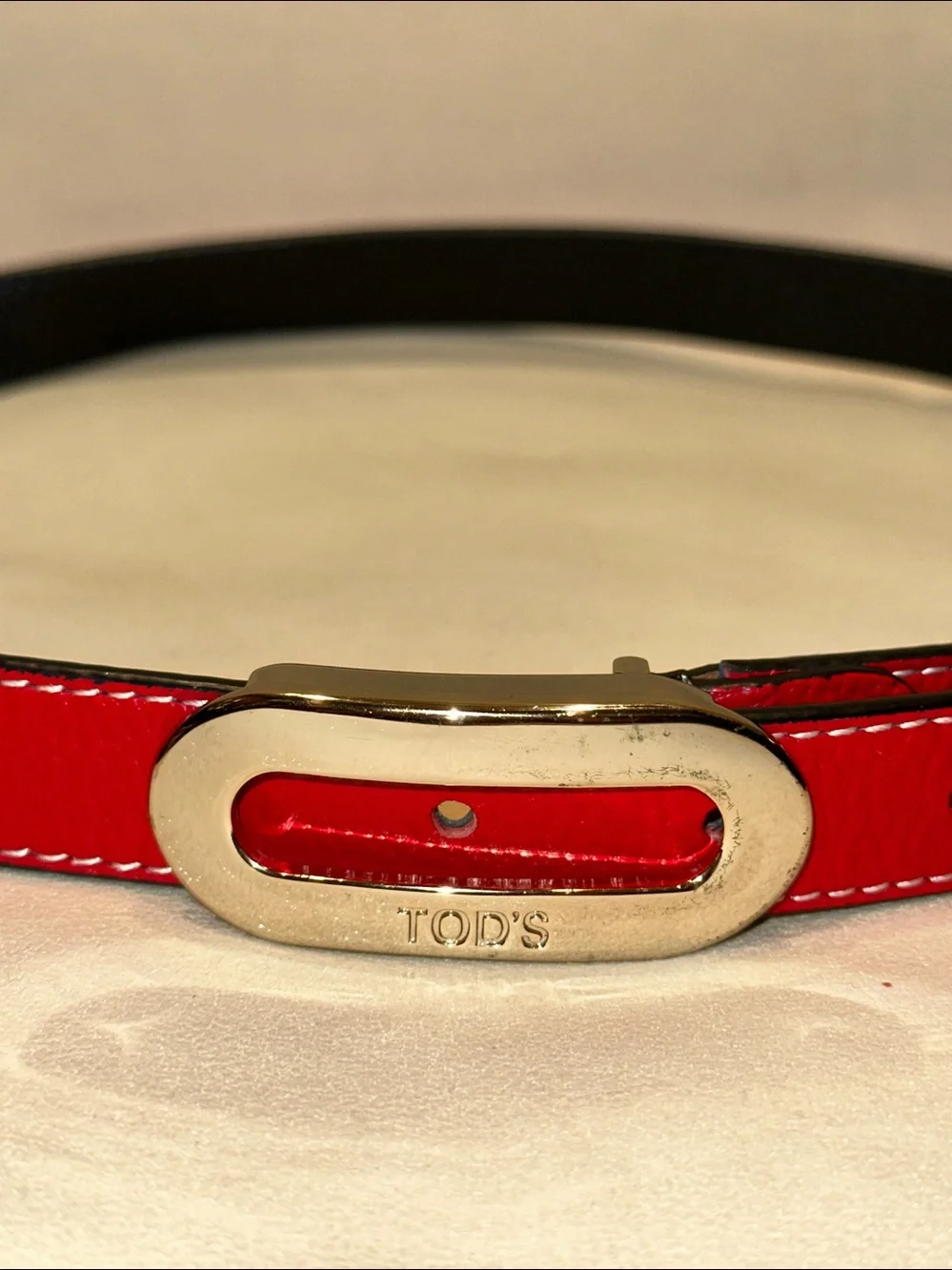 Tod's True Red Leather Belt with Silver Logo Engraved Buckle & White Stitching